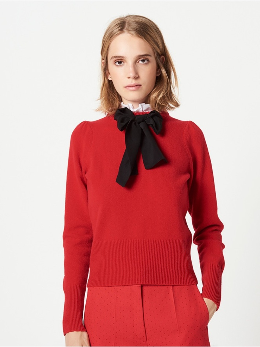 Sandro Red Knit Sweater with Black Neck Bow